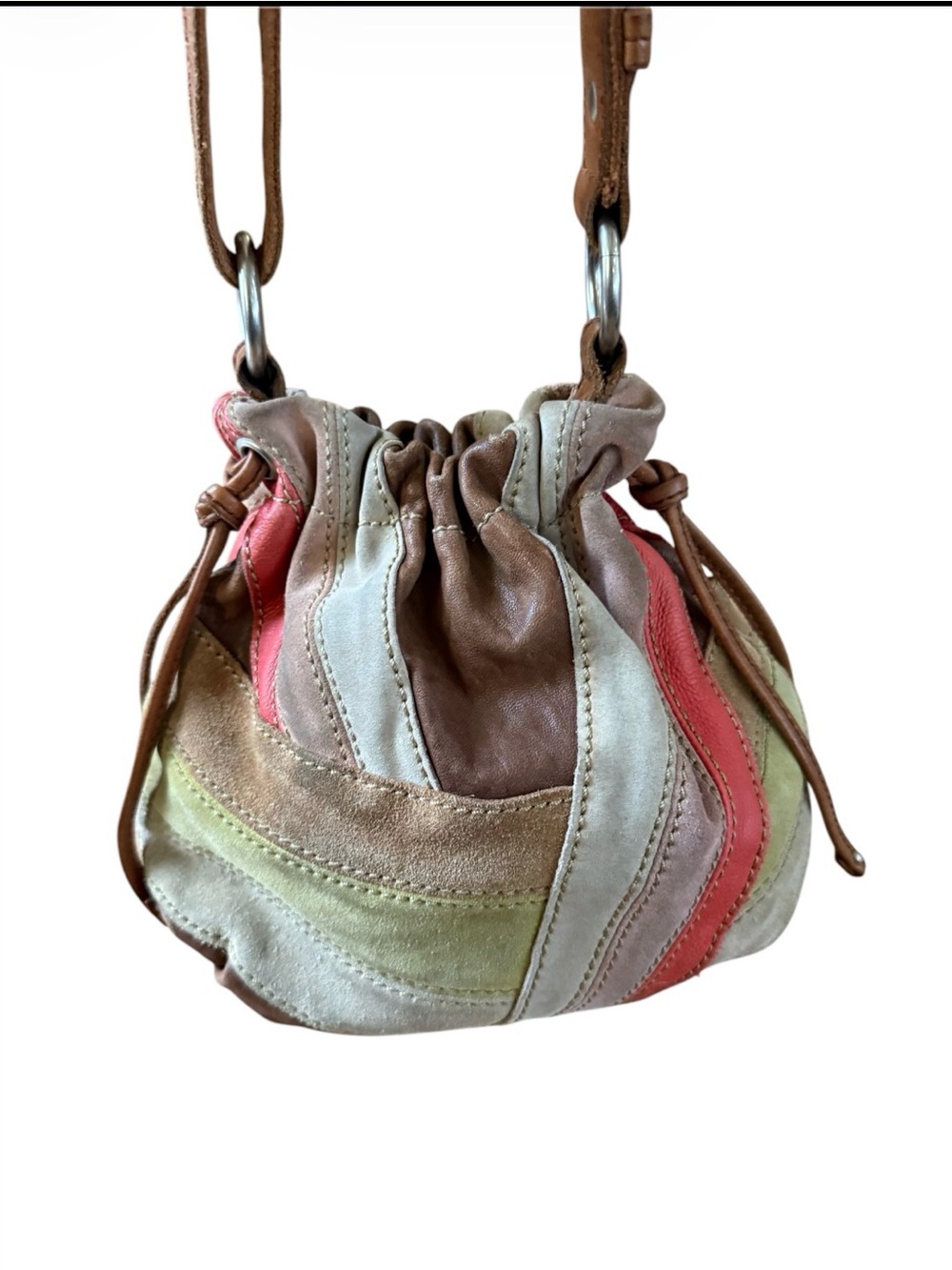 Fossil Multicolor Leather Drawstring Mini Crossbody -browns, coral and yellow